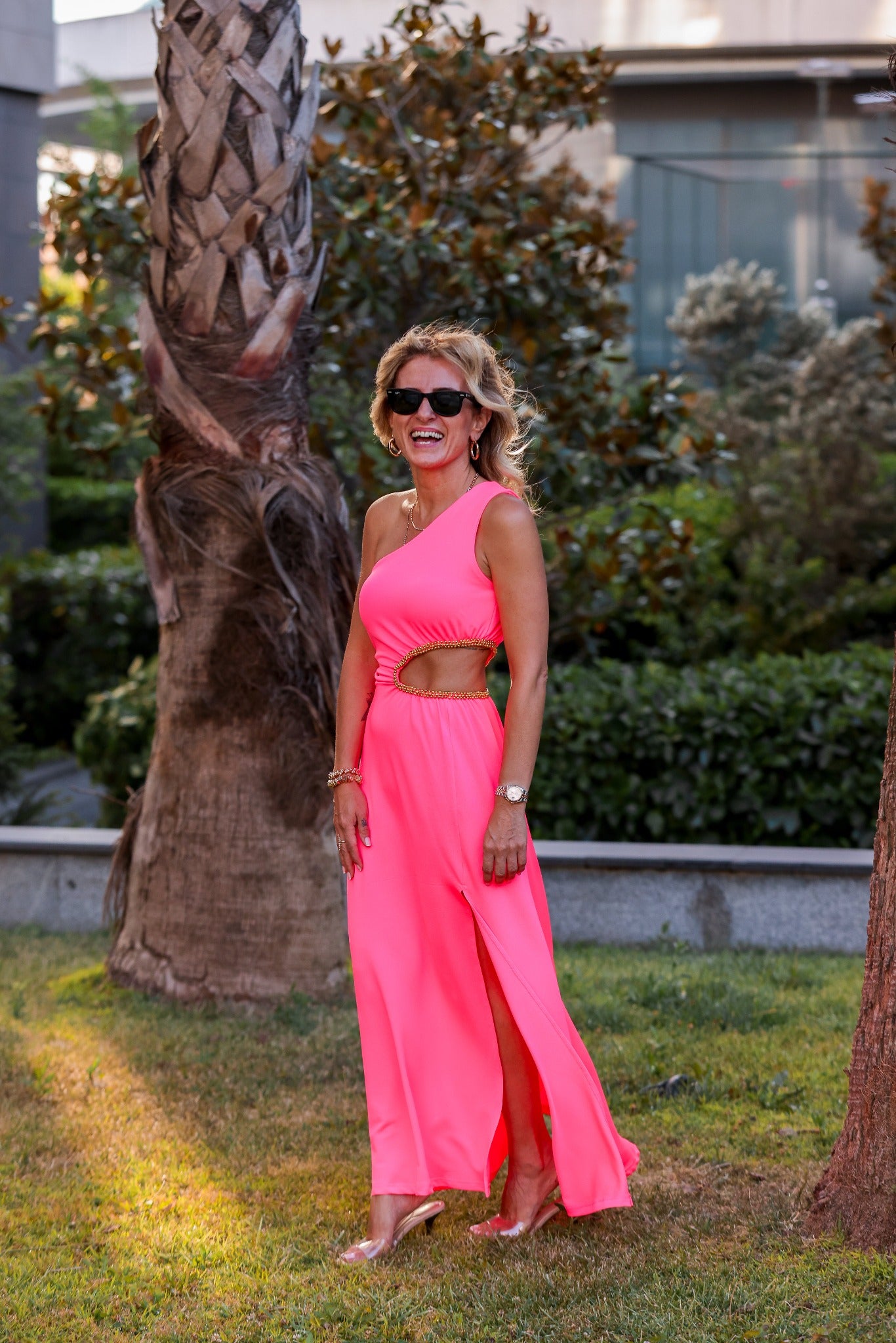 Neon Pink One-Shoulder Cut-Out Maxi Dress with Beaded Waist Detail
