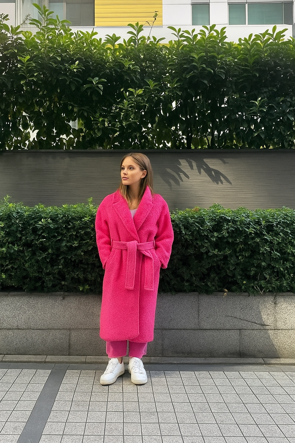Vibrant Pink Textured Belted Coat – Cozy, Chic & Statement Style