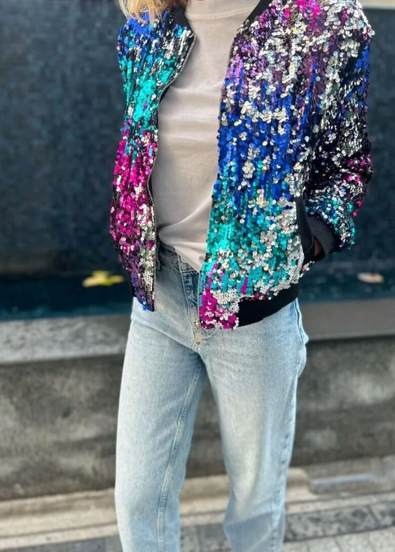 Colorful Sequin Bomber Jacket – Vibrant, Modern & Eye-Catching Style