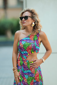Bohemian Chic One-Shoulder Maxi Dress – Vibrant Cutout Design