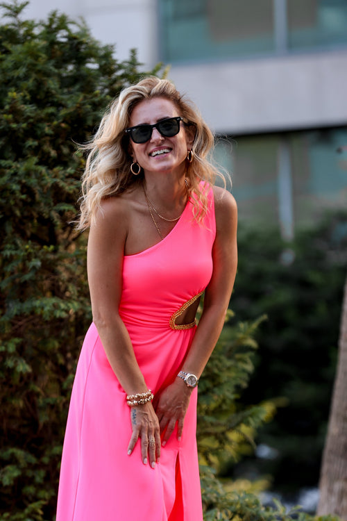 Boncuklu Bel Detaylı Neon Pembe Tek Omuz Cut-Out Maxi Elbise