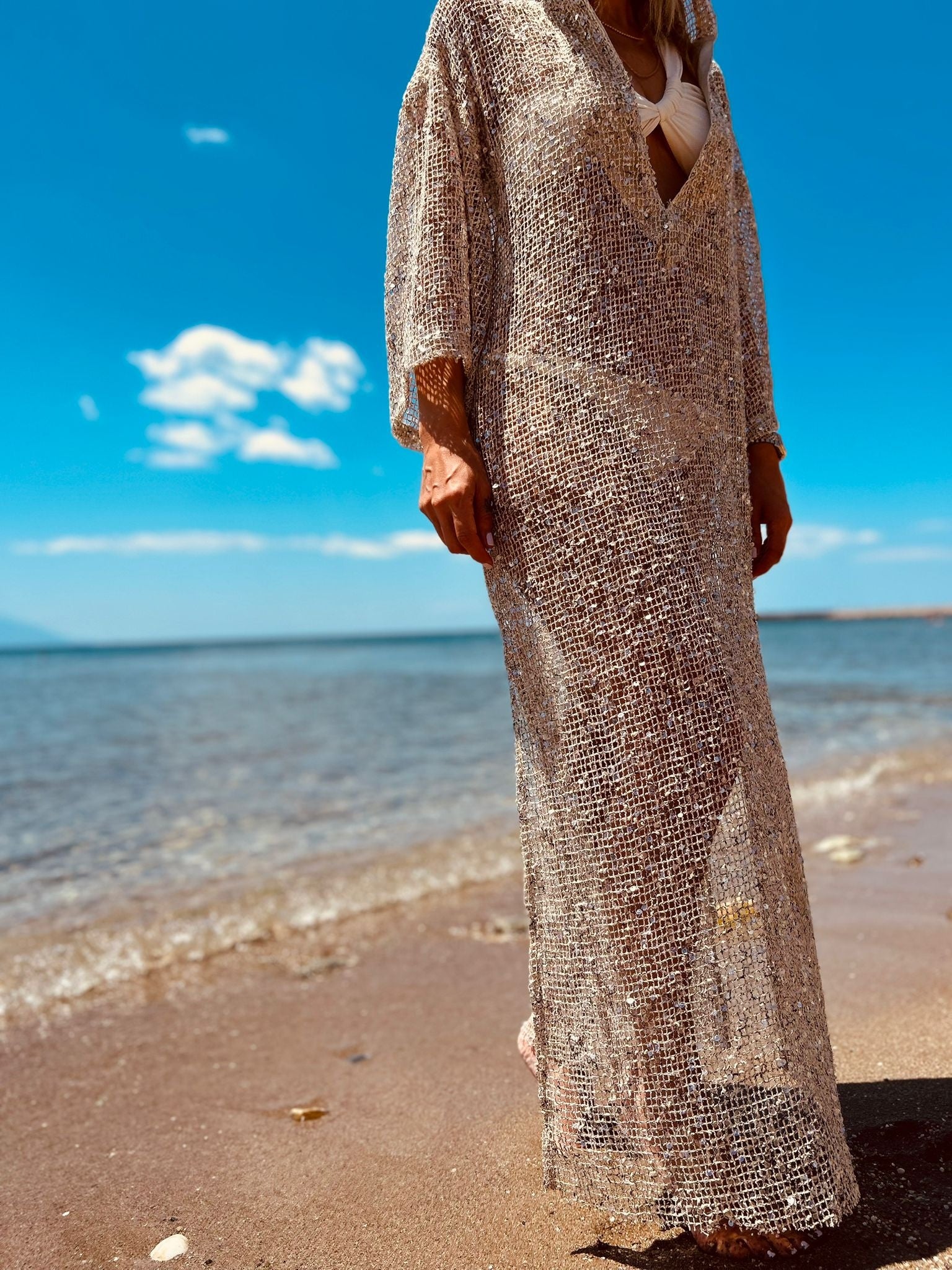 Sequin Mesh Hooded Beach Cover-Up – Shimmering Boho Kaftan