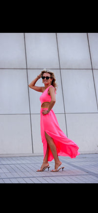 Neon Pink One-Shoulder Cut-Out Maxi Dress with Beaded Waist Detail