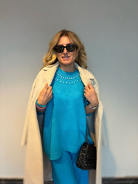 Turquoise Gem-Embellished Knit Sweater – Chic & Cozy Statement Piece