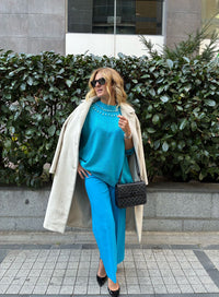 Turquoise Gem-Embellished Knit Sweater – Chic & Cozy Statement Piece