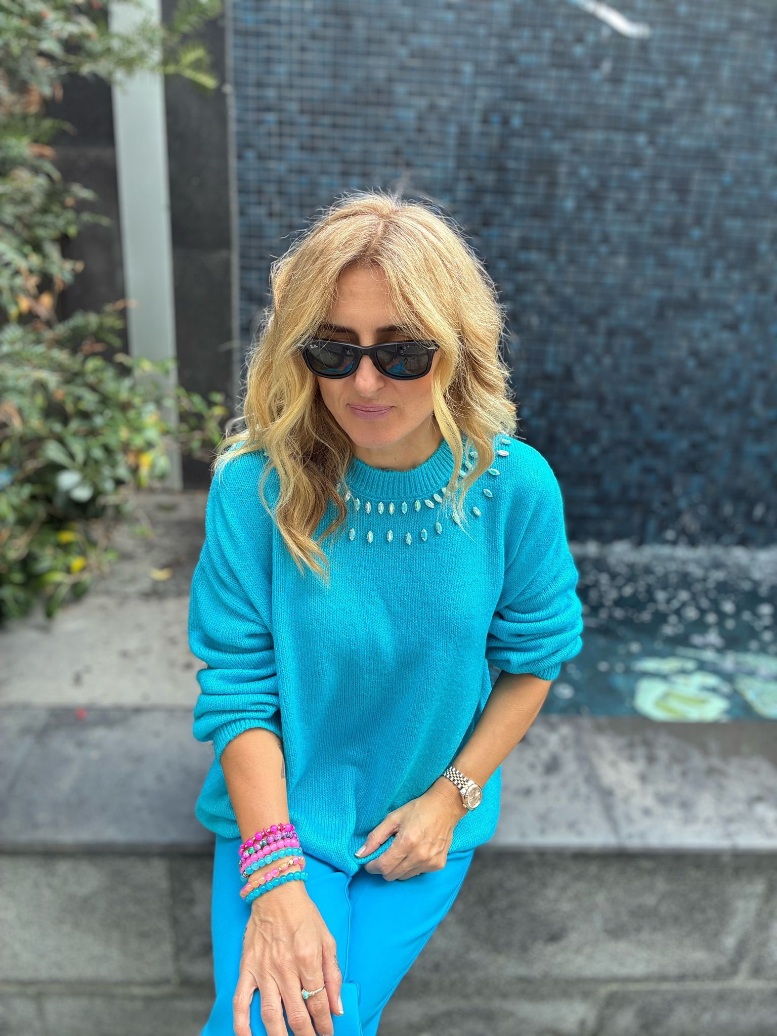 Turquoise Gem-Embellished Knit Sweater – Chic & Cozy Statement Piece