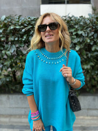 Turquoise Gem-Embellished Knit Sweater – Chic & Cozy Statement Piece