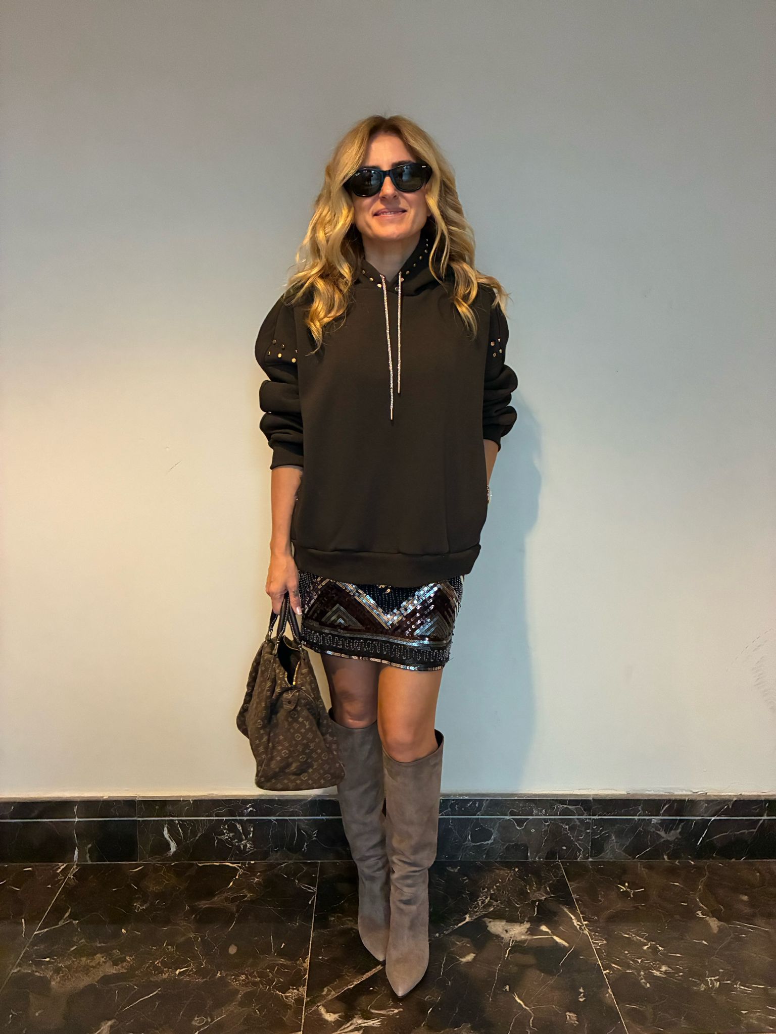 Brown Fleece Oversized Sweatshirt with Gold Stud Details