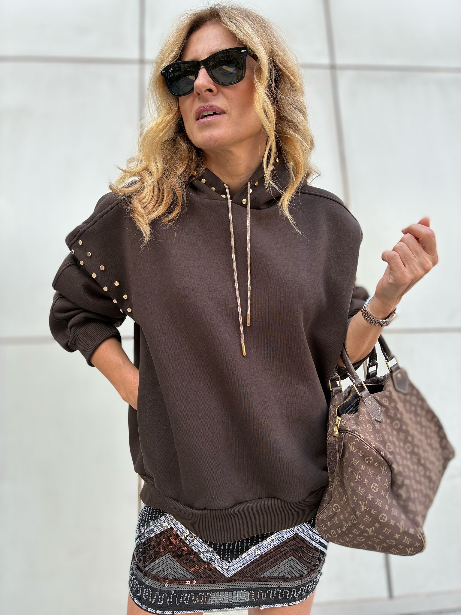 Brown Fleece Oversized Sweatshirt with Gold Stud Details