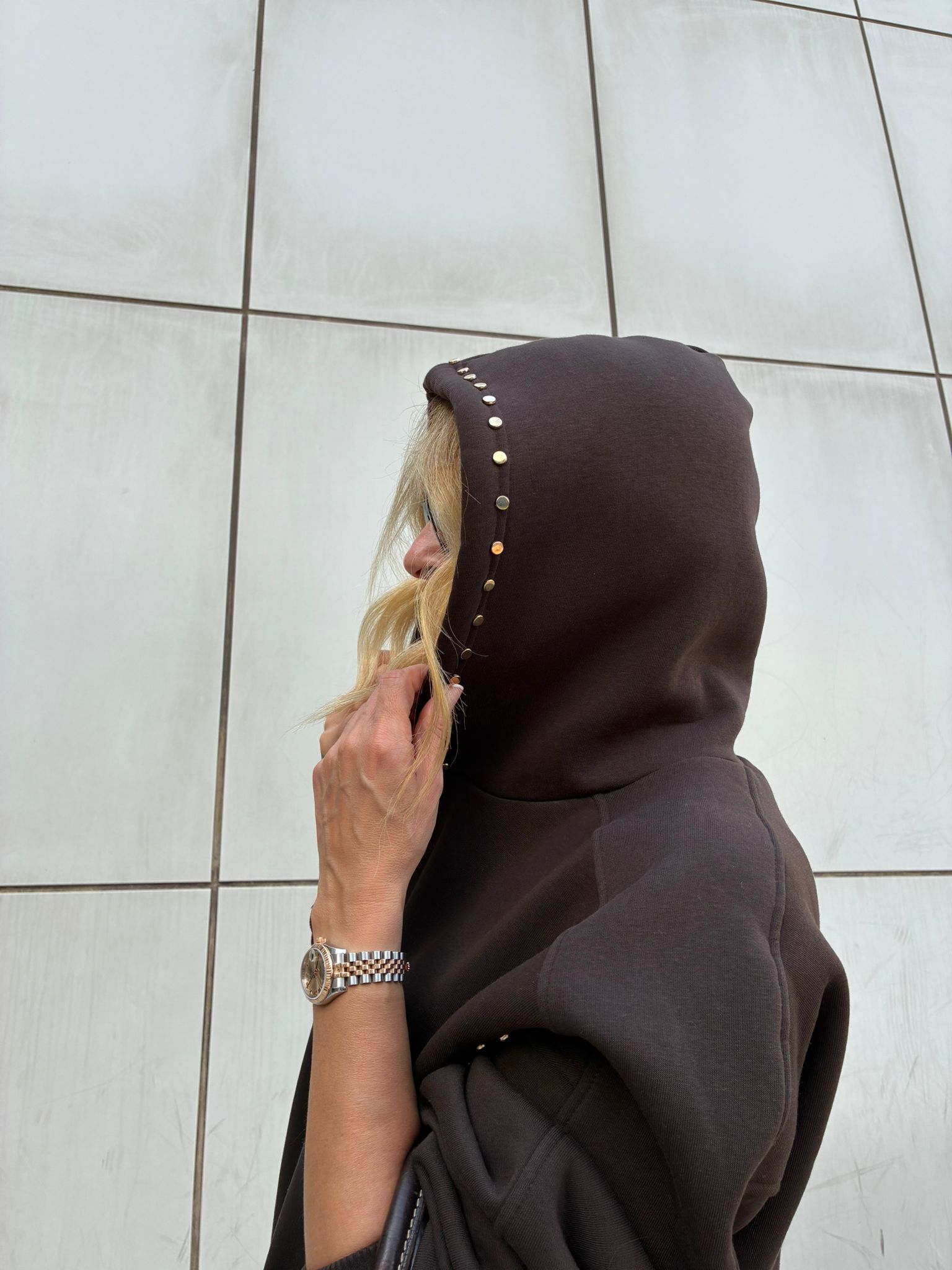 Brown Fleece Oversized Sweatshirt with Gold Stud Details