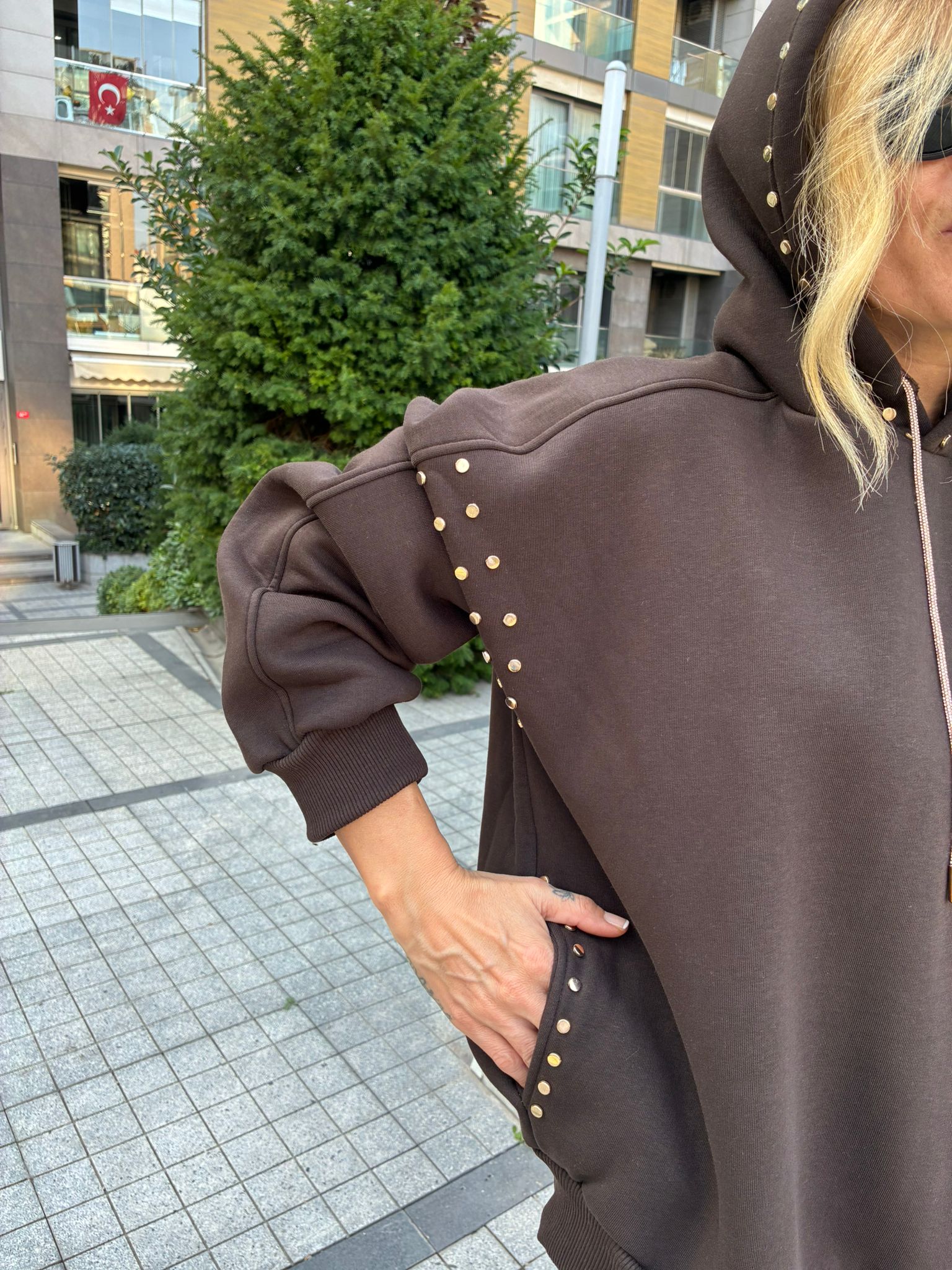 Brown Fleece Oversized Sweatshirt with Gold Stud Details