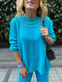 Turquoise Gem-Embellished Knit Sweater – Chic & Cozy Statement Piece