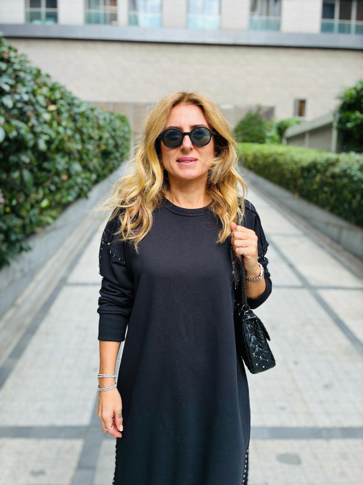 Black Studded Sweatshirt Dress – Effortless Chic with an Edge