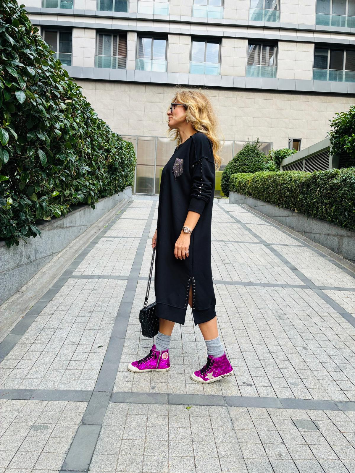 Black Studded Sweatshirt Dress – Effortless Chic with an Edge