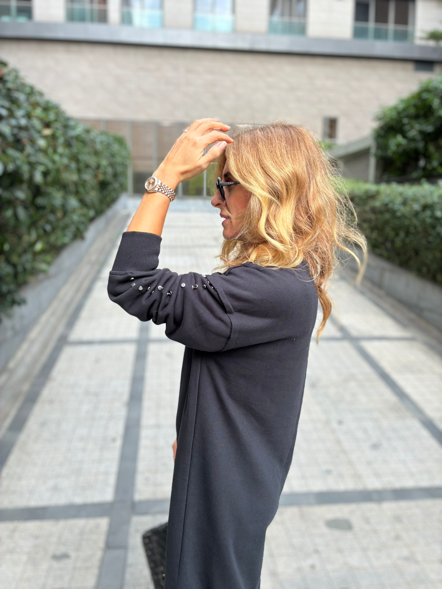 Black Studded Sweatshirt Dress – Effortless Chic with an Edge