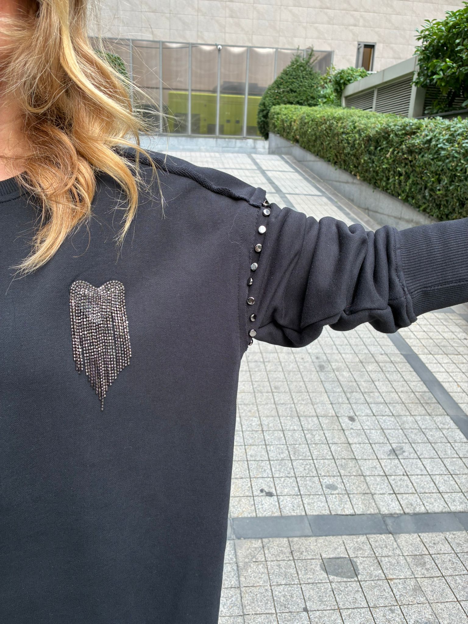 Black Studded Sweatshirt Dress – Effortless Chic with an Edge