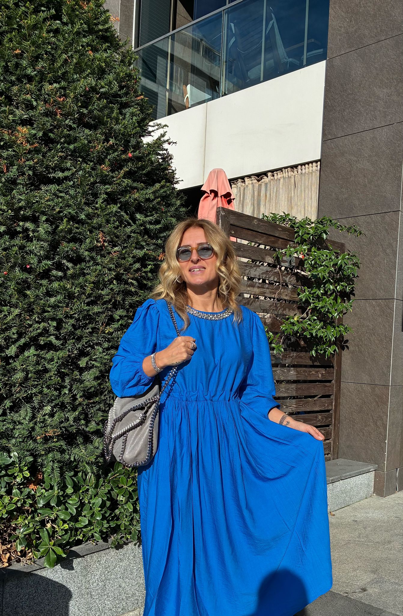 Parliament Blue Loose-Fit Dress with Swarovski Crystal Details