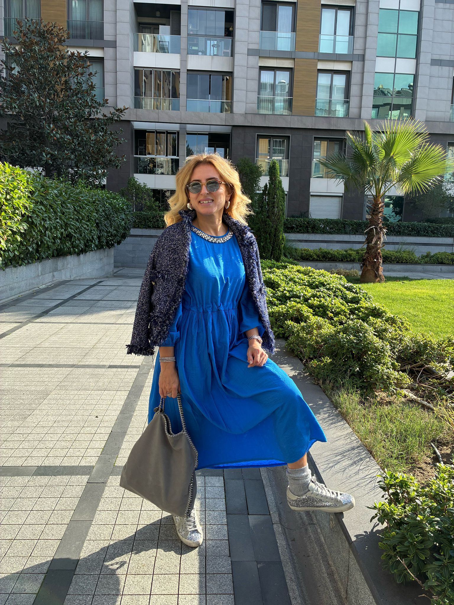 Parliament Blue Loose-Fit Dress with Swarovski Crystal Details