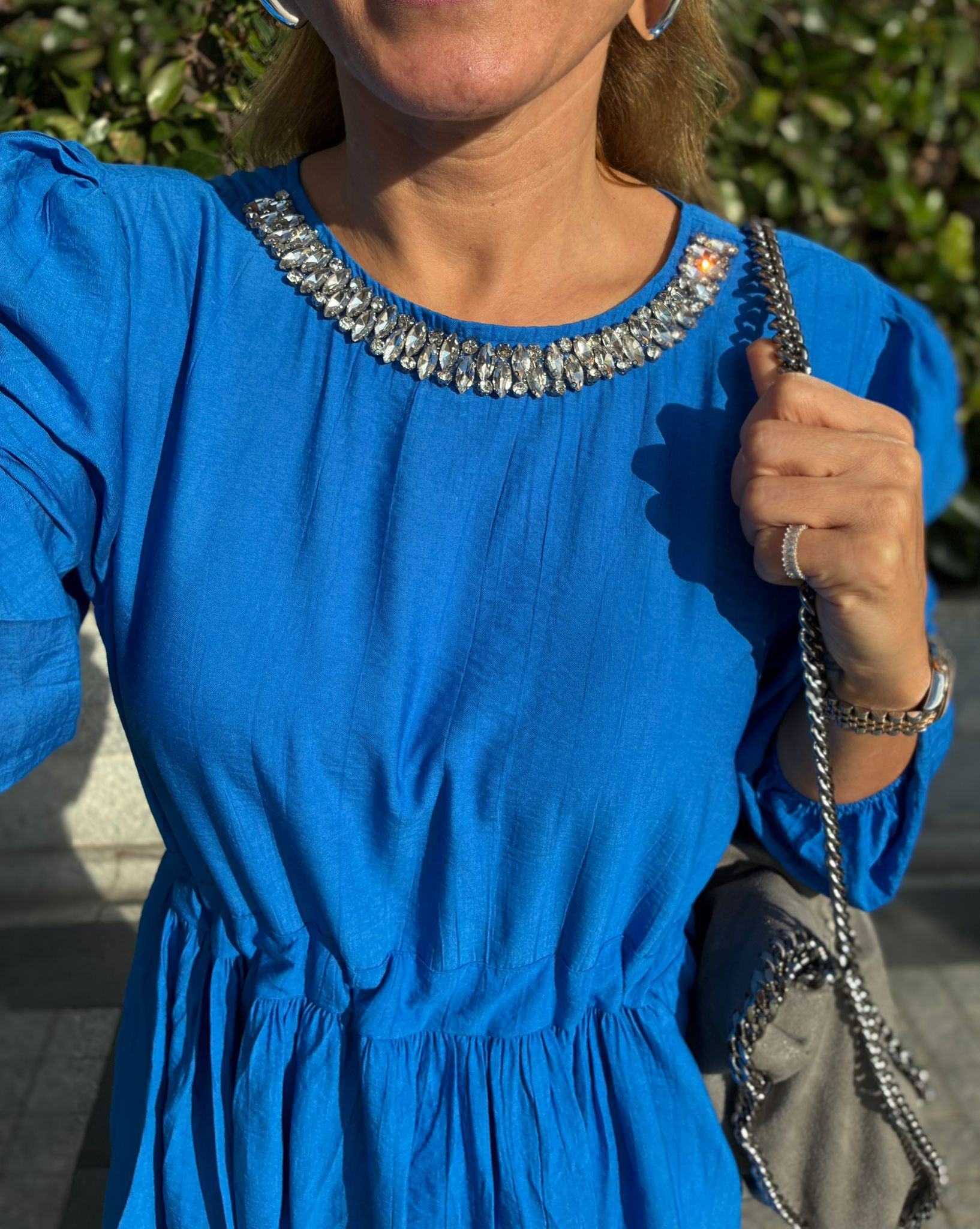 Parliament Blue Loose-Fit Dress with Swarovski Crystal Details