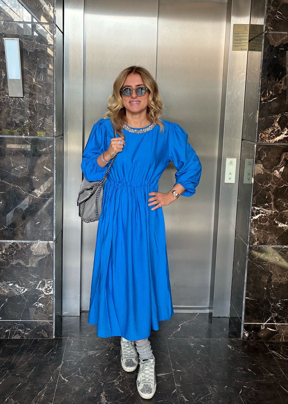 Parliament Blue Loose-Fit Dress with Swarovski Crystal Details