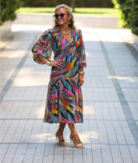 Vibrant Boho Breeze Midi Dress – Colorful Flowing Elegance