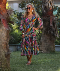 Vibrant Boho Breeze Midi Dress – Colorful Flowing Elegance