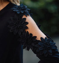 Black Elegance Cut-Out Shoulder Dress – 3D Floral Statement Style