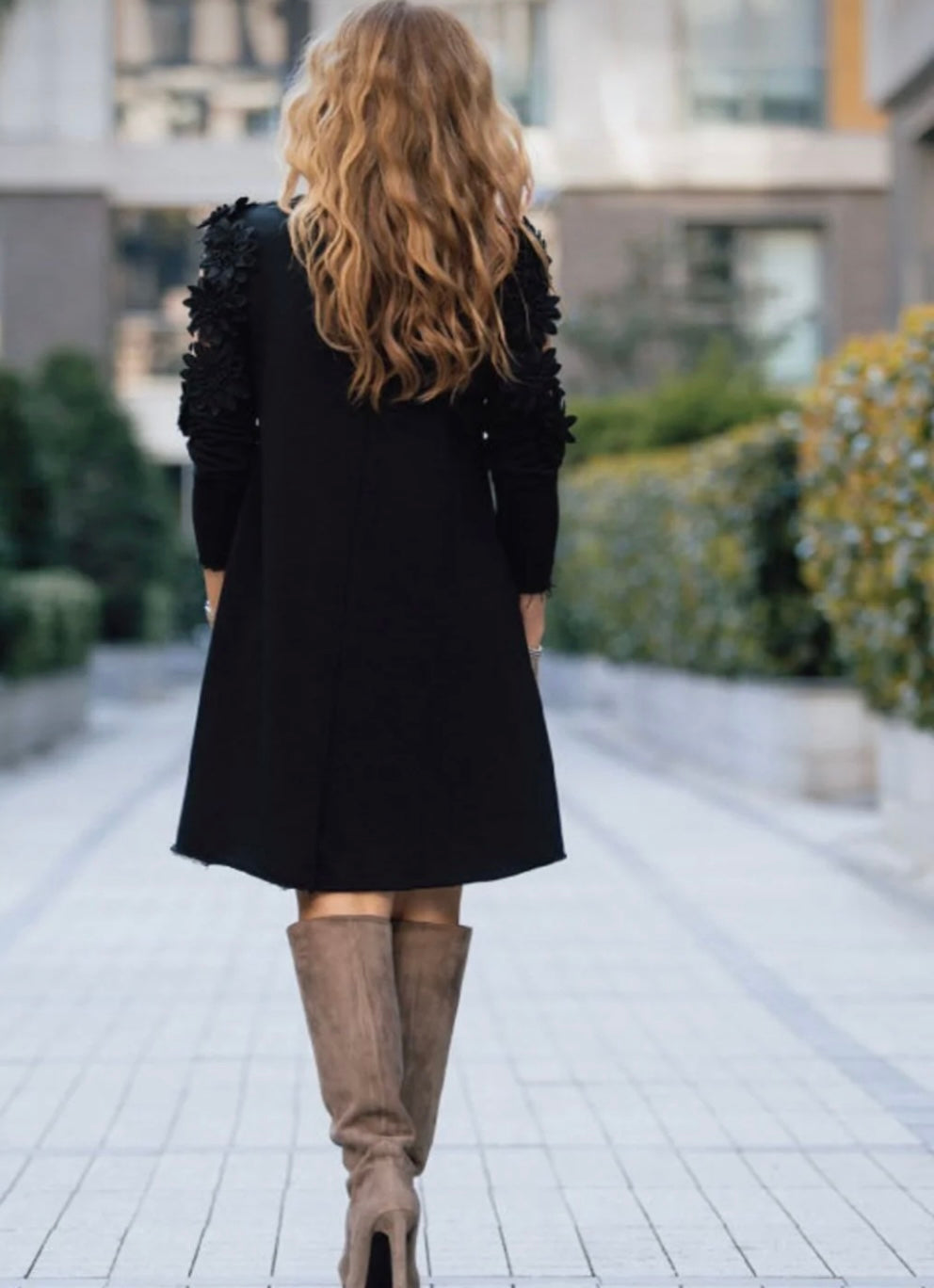 Black Elegance Cut-Out Shoulder Dress – 3D Floral Statement Style