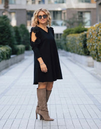 Black Elegance Cut-Out Shoulder Dress – 3D Floral Statement Style