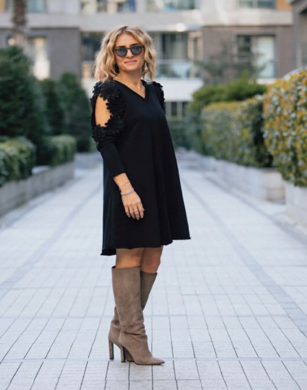 Black Elegance Cut-Out Shoulder Dress – 3D Floral Statement Style