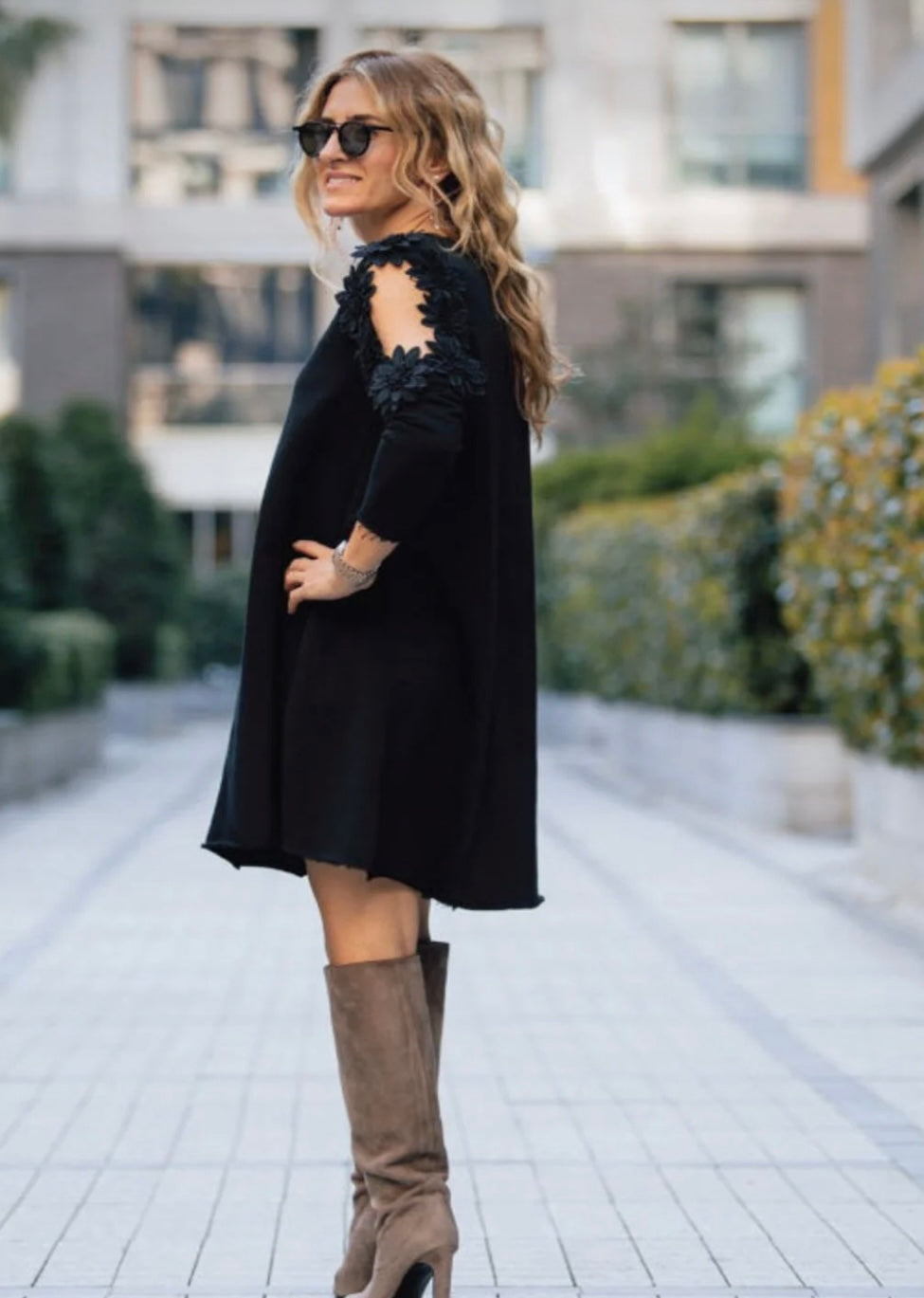 Black Elegance Cut-Out Shoulder Dress – 3D Floral Statement Style