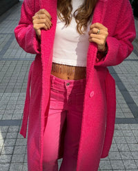 Vibrant Pink Textured Belted Coat – Cozy, Chic & Statement Style