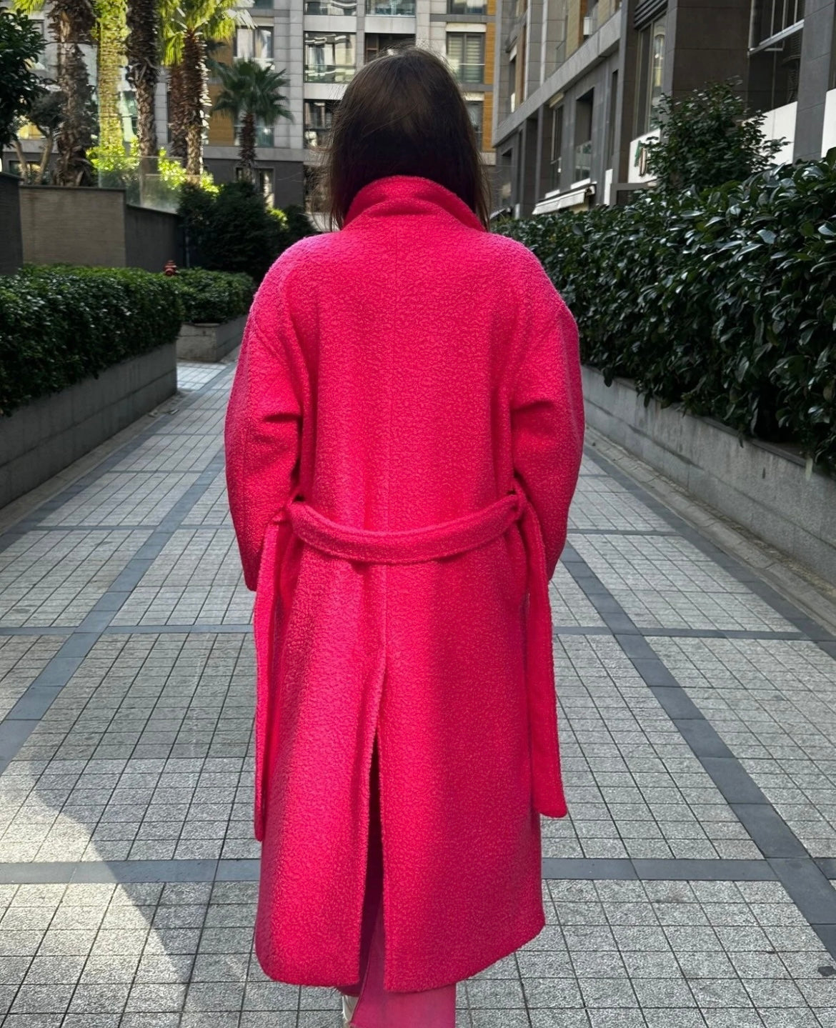 Vibrant Pink Textured Belted Coat – Cozy, Chic & Statement Style