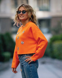 Bright Orange Crystal-Embellished Sweatshirt – Bold & Chic Street Style