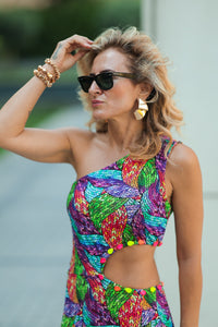 Bohemian Chic One-Shoulder Maxi Dress – Vibrant Cutout Design