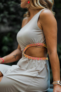 Beige One-Shoulder Maxi Dress with Neon Beaded Cut-Out Detail