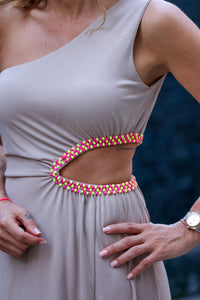 Beige One-Shoulder Maxi Dress with Neon Beaded Cut-Out Detail