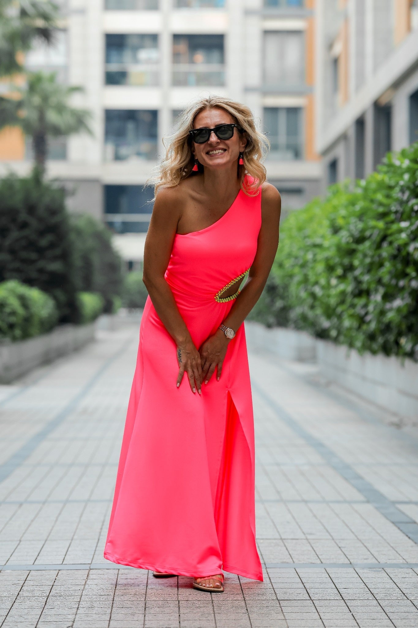 Neon Pink Beaded Cutout Maxi Dress – One Shoulder Elegant Evening Gown
