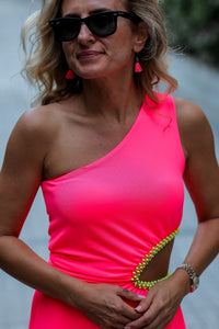 Neon Pink Beaded Cutout Maxi Dress – One Shoulder Elegant Evening Gown