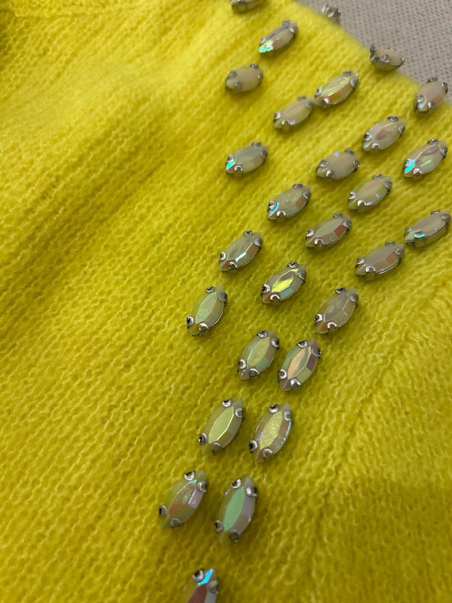 Luxury Neon Yellow Wool Sweater with Handcrafted Crystal Embellishments