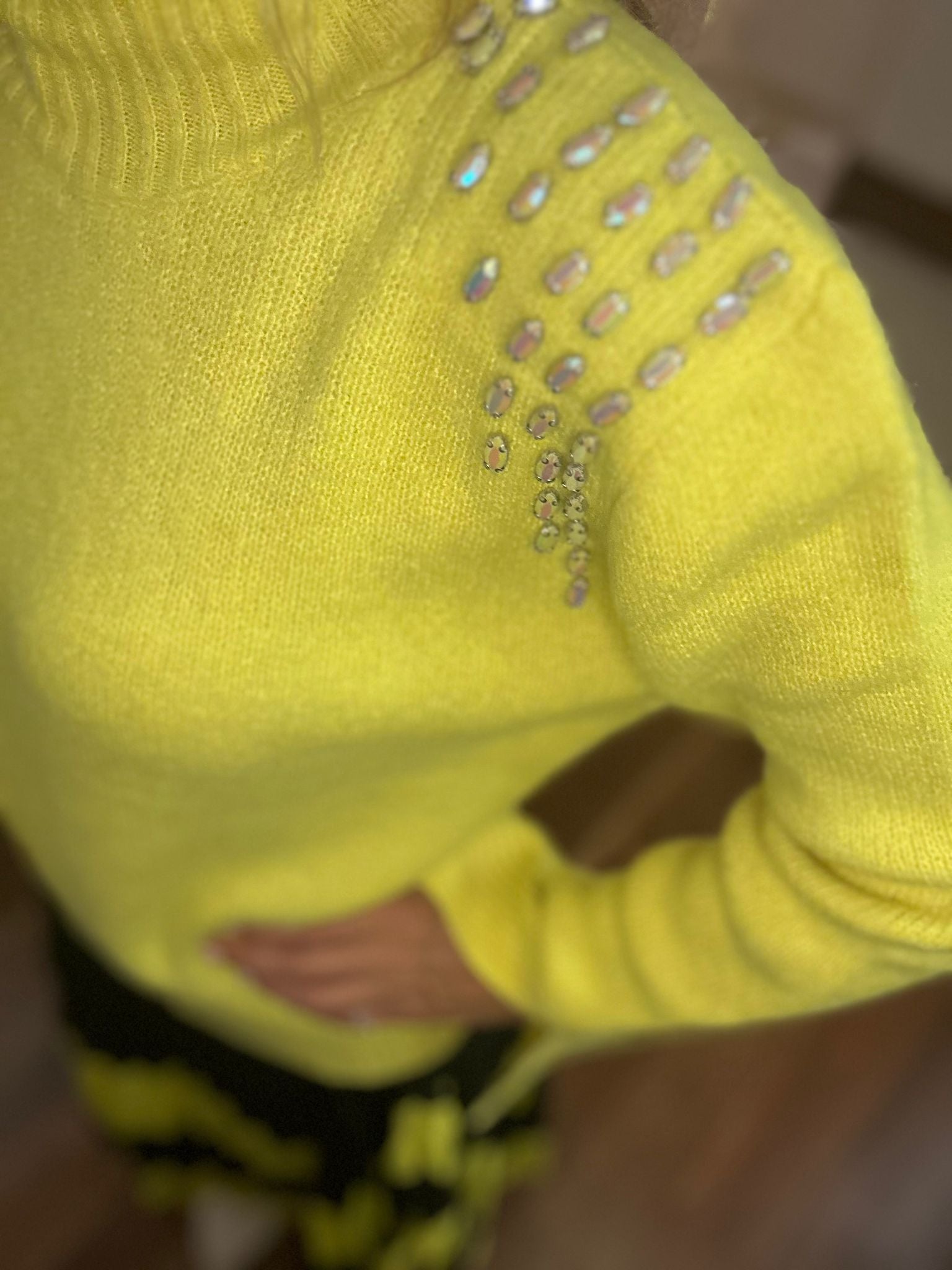 Luxury Neon Yellow Wool Sweater with Handcrafted Crystal Embellishments