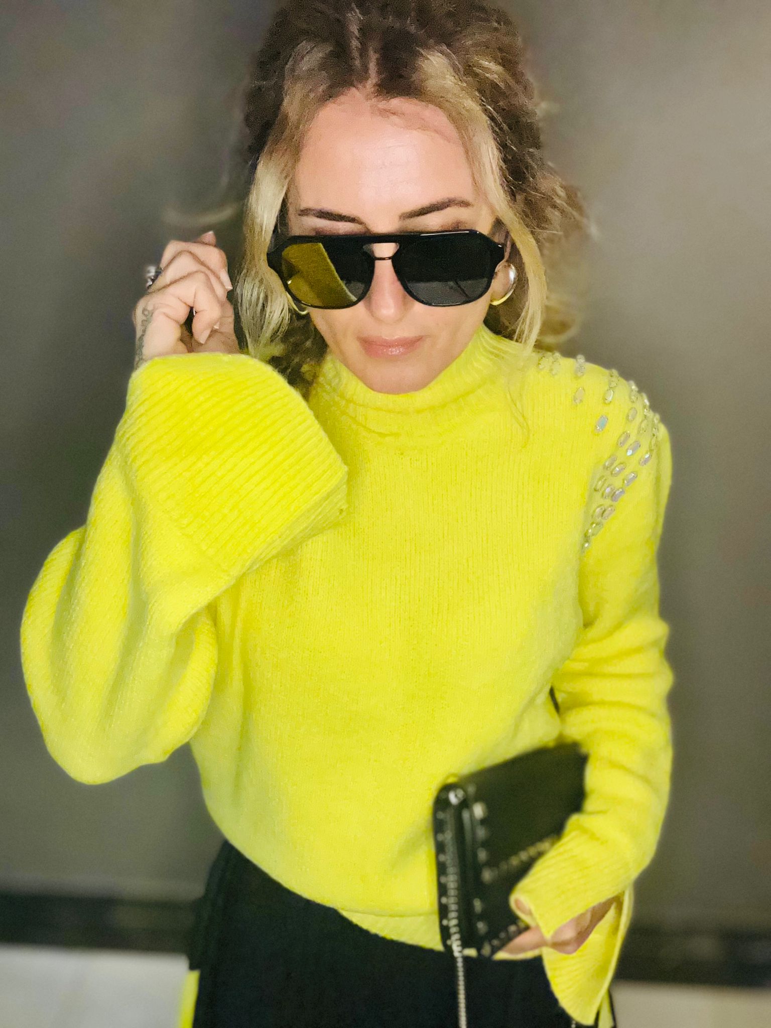 Luxury Neon Yellow Wool Sweater with Handcrafted Crystal Embellishments