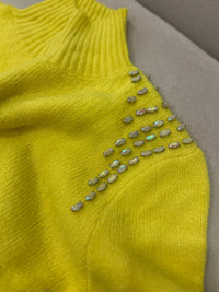 Luxury Neon Yellow Wool Sweater with Handcrafted Crystal Embellishments