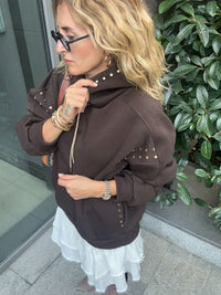 Brown Fleece Oversized Sweatshirt with Gold Stud Details
