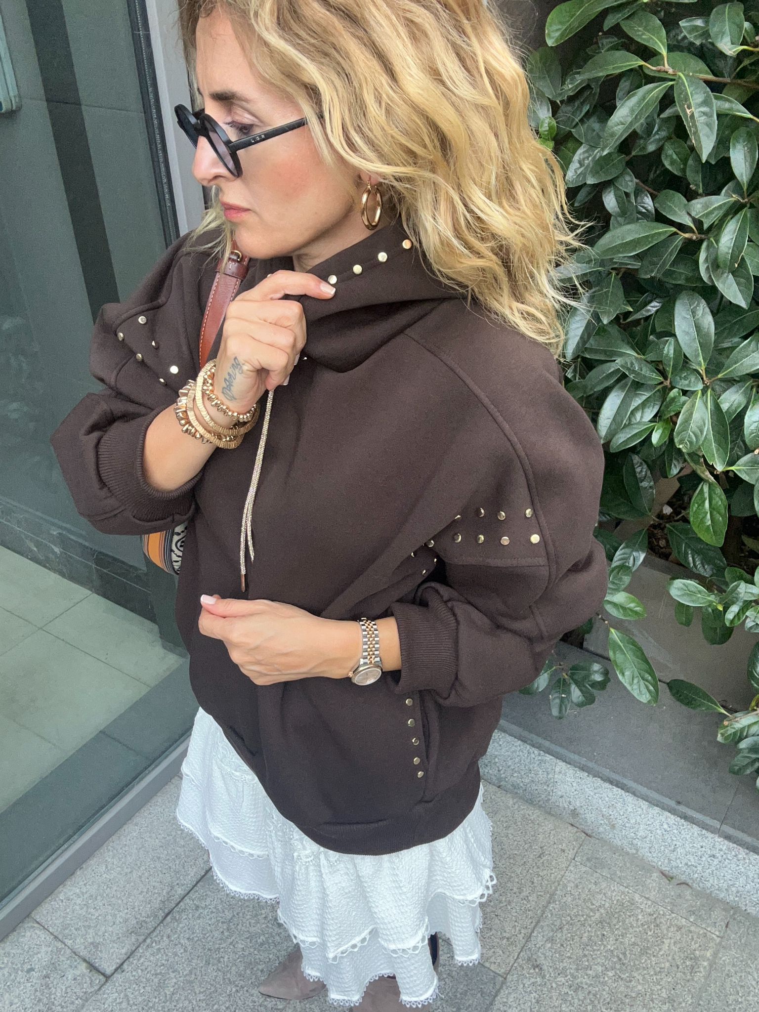 Brown Fleece Oversized Sweatshirt with Gold Stud Details