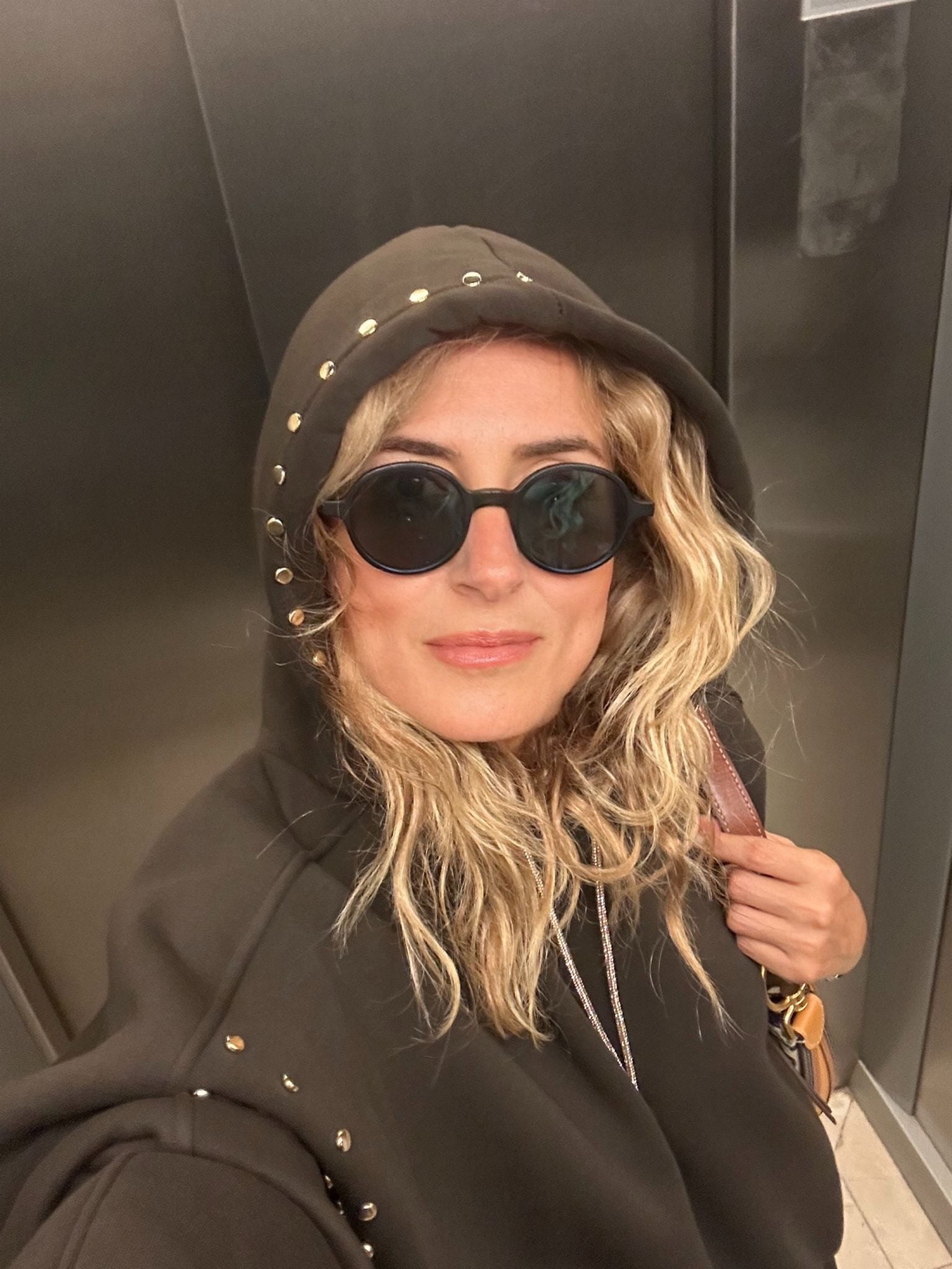 Brown Fleece Oversized Sweatshirt with Gold Stud Details