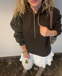 Brown Fleece Oversized Sweatshirt with Gold Stud Details