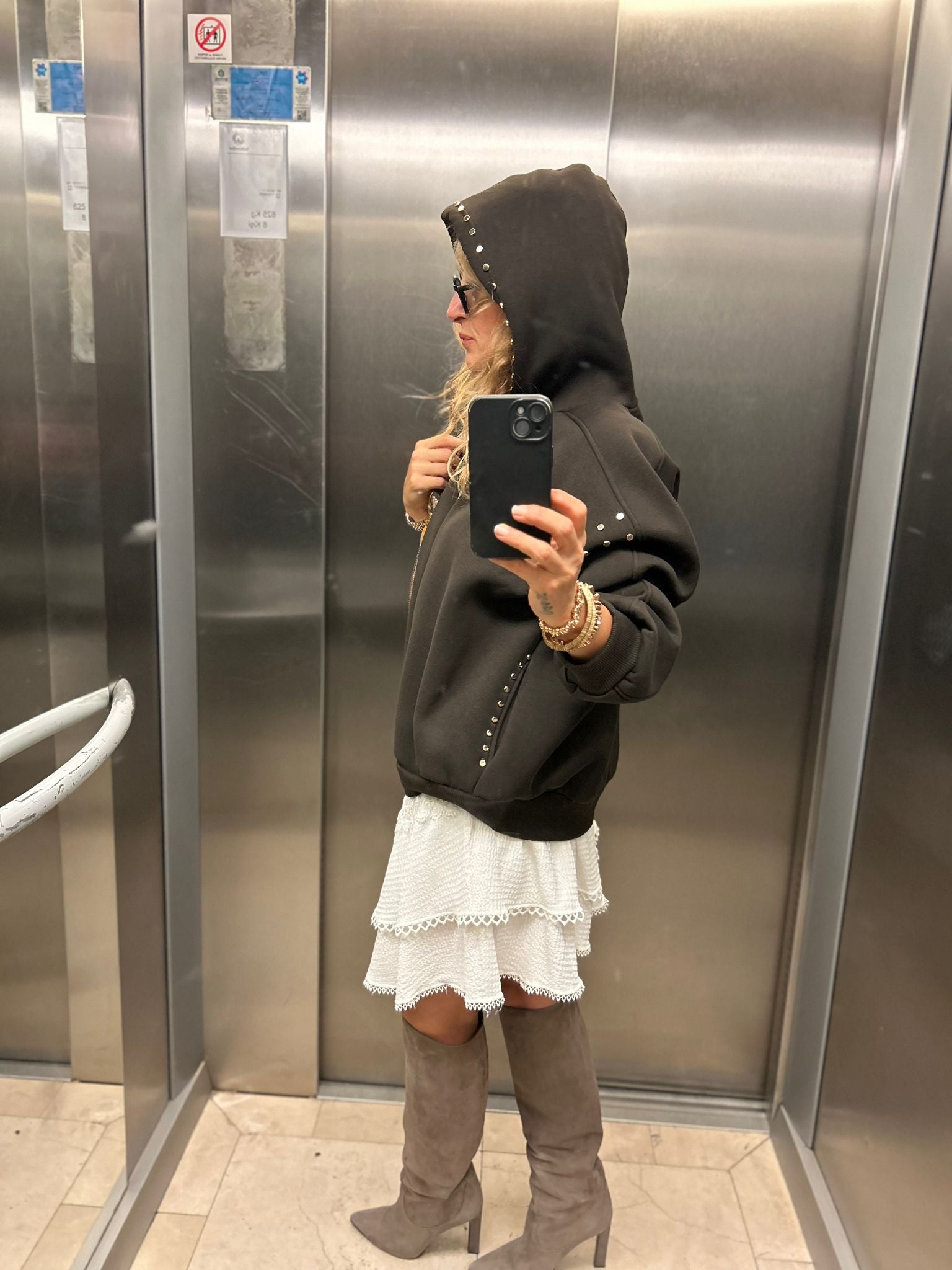 Brown Fleece Oversized Sweatshirt with Gold Stud Details