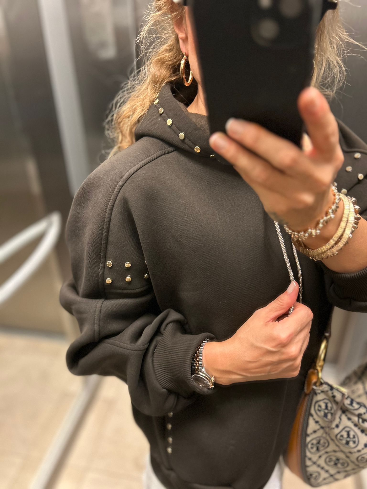 Brown Fleece Oversized Sweatshirt with Gold Stud Details