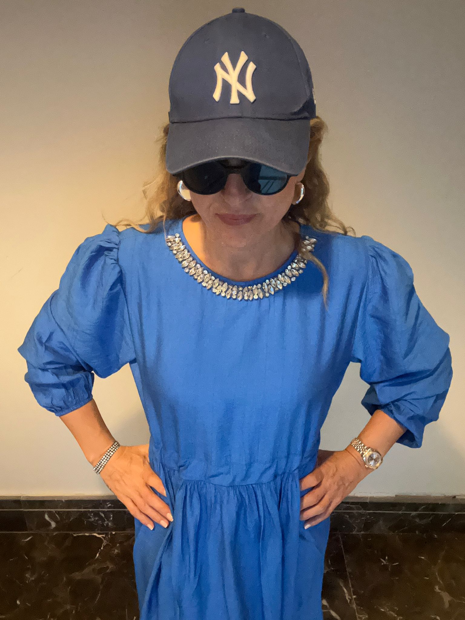 Parliament Blue Loose-Fit Dress with Swarovski Crystal Details